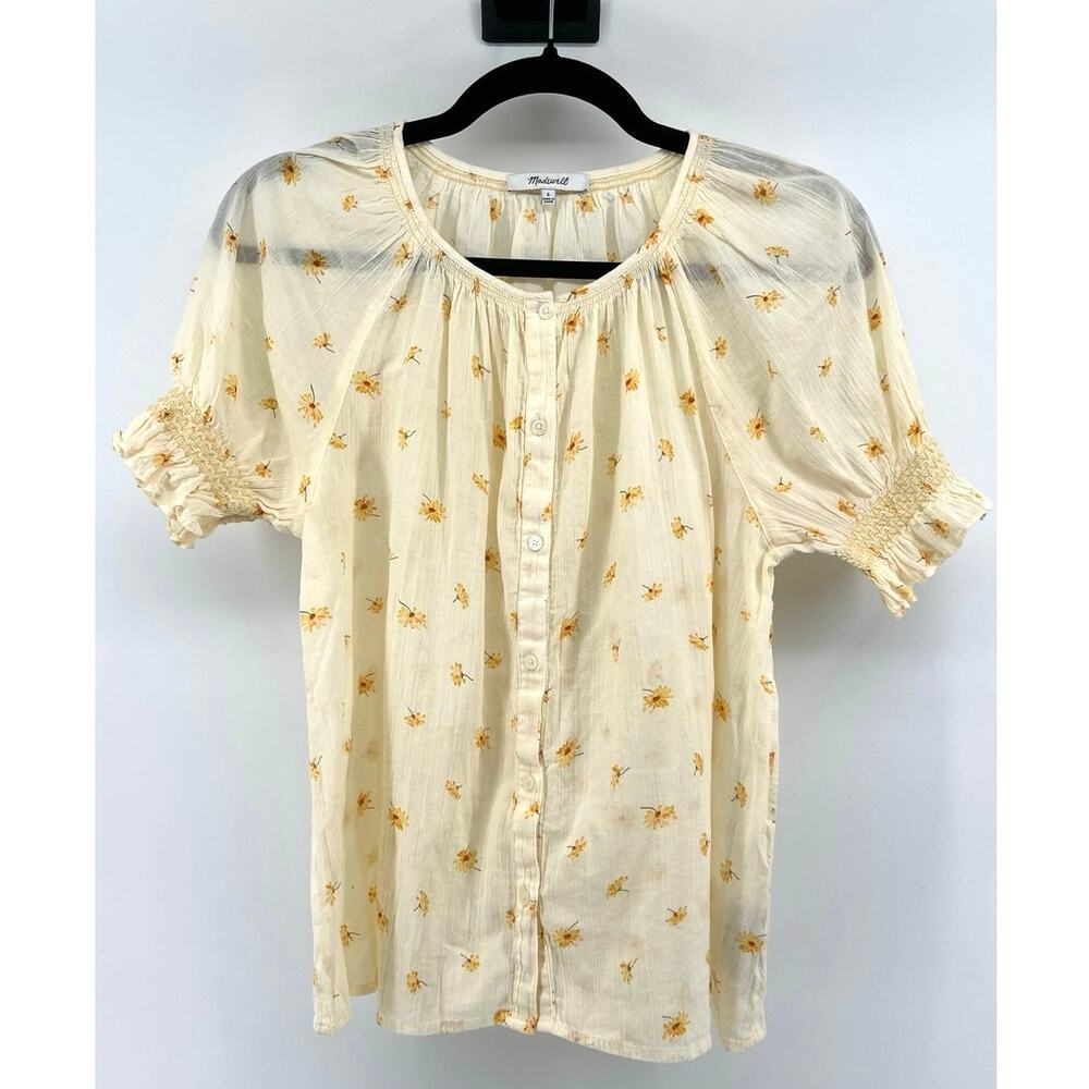 Madewell French Daisies Smocked Cotton Button Up Peasant Top Blouse Size S